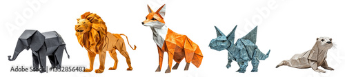 Colorful Origami Animals Including Lion, Elephant, Fox, Dragon, Otter, Isolated on Transparent Background
