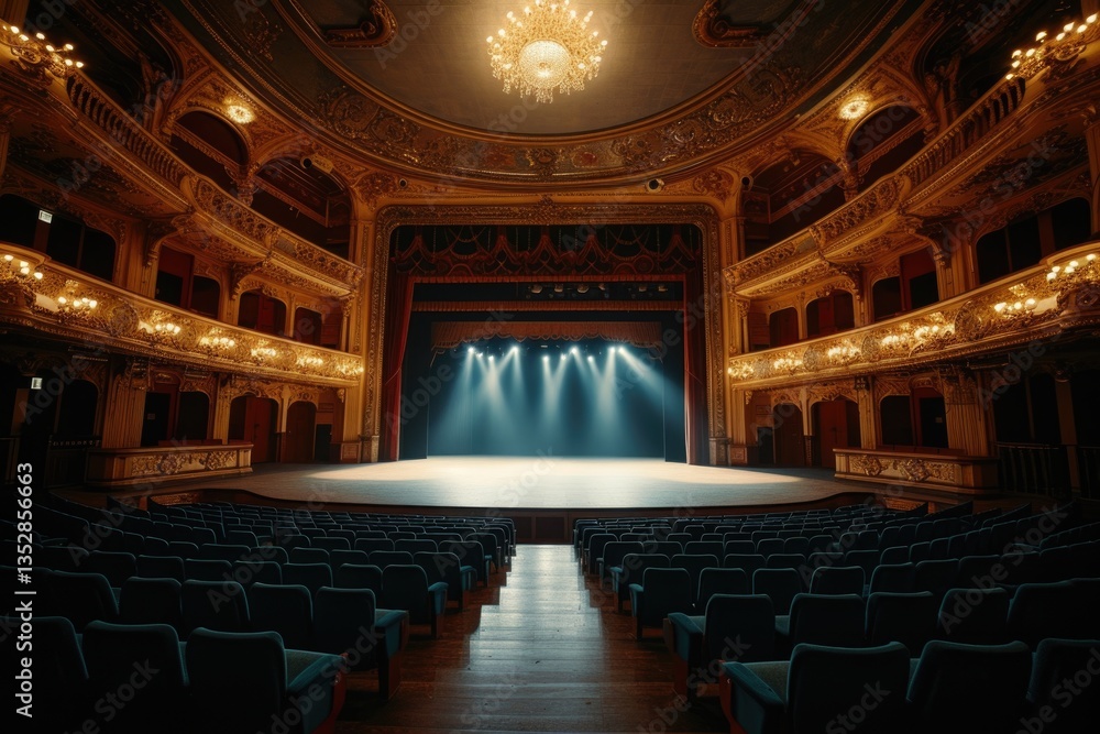 Obraz premium A grand, opulent theater awaits a performance, its stage bathed in light, ready for the show to begin.