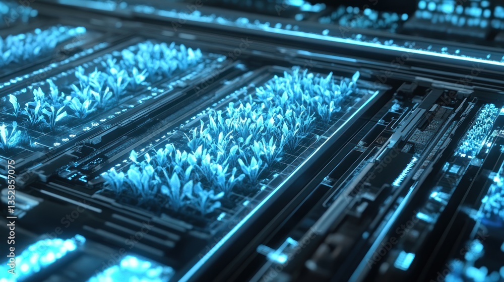 Futuristic circuit board with glowing plants Futuristic circuit board with glowing plants
