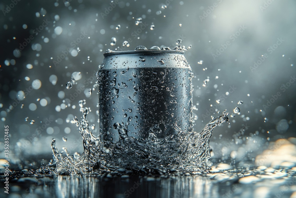 A cold, refreshing can of beverage creates a splash of water droplets. A cold, refreshing can of beverage creates a splash of water droplets.