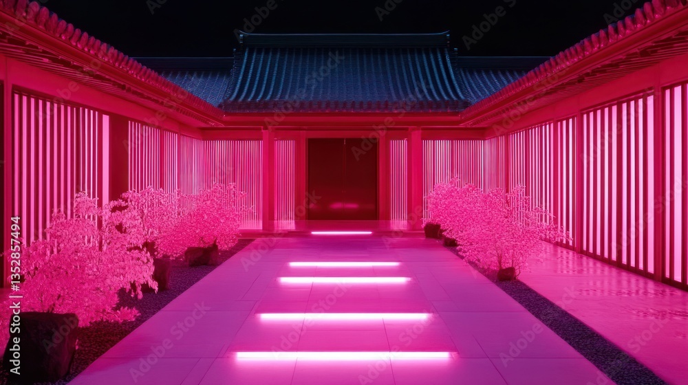Fototapeta premium Neon Pink Asian Courtyard Entrance at Night
