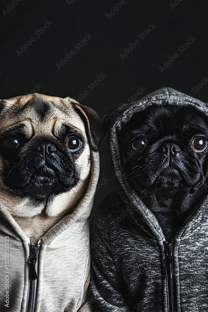 Obraz premium Two pugs dressed in cozy hoodies sit side by side against a black background, exuding an air of cuteness and companionship, highlighting pet fashion