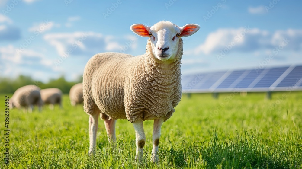 Fototapeta premium Sheep stand on a meadow with solar panels in the background, showing the dual use of land for agriculture and renewable energy. 