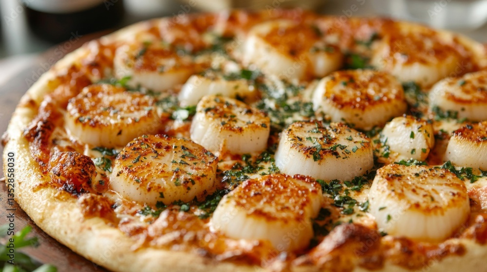 Seared Scallop Pizza with Parsley on Wooden Board Seared Scallop Pizza with Parsley on Wooden Board