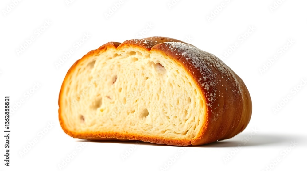 A close up of a half loaf of bread with a golden crust and a soft white interior on a white background A close up of a half loaf of bread with a golden crust and a soft white interior on a white background