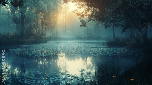 Foggy Lake Scene with Lily Pads and Forest in Soft Light