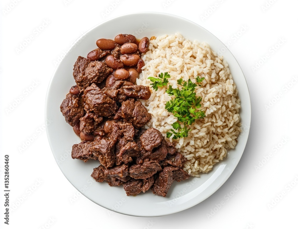 Beef stew with rice and beans served on a plate. Aromatic and flavorful dish with tender beef, cooked to perfection, served over fluffy white rice and accompanied by a side of red beans Beef stew with rice and beans served on a plate. Aromatic and flavorful dish with tender beef, cooked to perfection, served over fluffy white rice and accompanied by a side of red beans