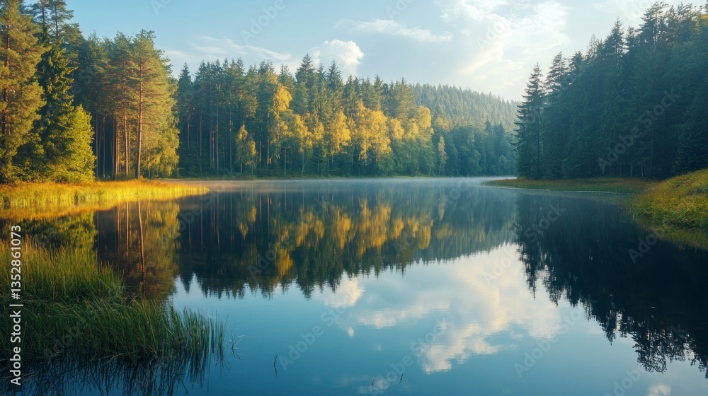 Fototapeta premium Calm Lake Reflecting Forest at Sunrise with Mist and Clear Sky