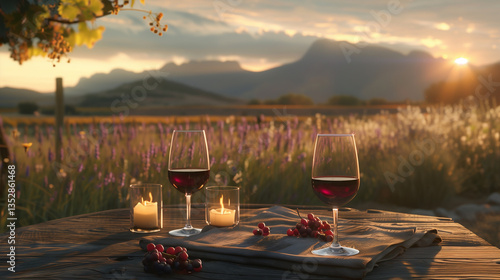 Wallpaper Mural Wine glasses are on a table in front of a beautiful landscape Torontodigital.ca