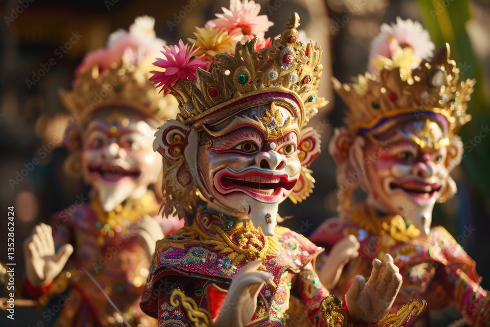 Three intricately carved Balinese Wayang Kulit puppets, adorned with vibrant colors and elaborate headdresses, bathed in golden sunlight. Three intricately carved Balinese Wayang Kulit puppets, adorned with vibrant colors and elaborate headdresses, bathed in golden sunlight.