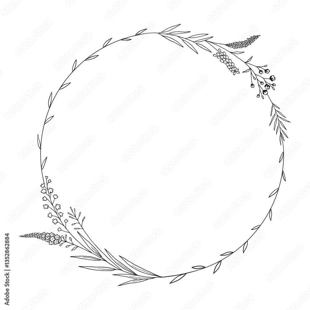 Frame of floral twigs with leaves and flowers. Wreath of branches, black contour, isolated on white. Botanical sketch, round garland for wedding decoration, and design projects. Vector illustration Frame of floral twigs with leaves and flowers. Wreath of branches, black contour, isolated on white. Botanical sketch, round garland for wedding decoration, and design projects. Vector illustration