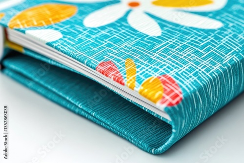 Wallpaper Mural Close-up of a teal book with a floral and abstract design, showcasing its texture and binding. Torontodigital.ca