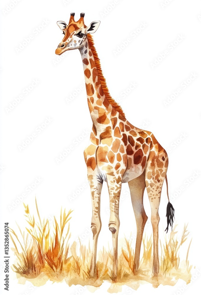 Fototapeta premium A Tall Beautiful Giraffe Standing Amongst Some Golden Grass