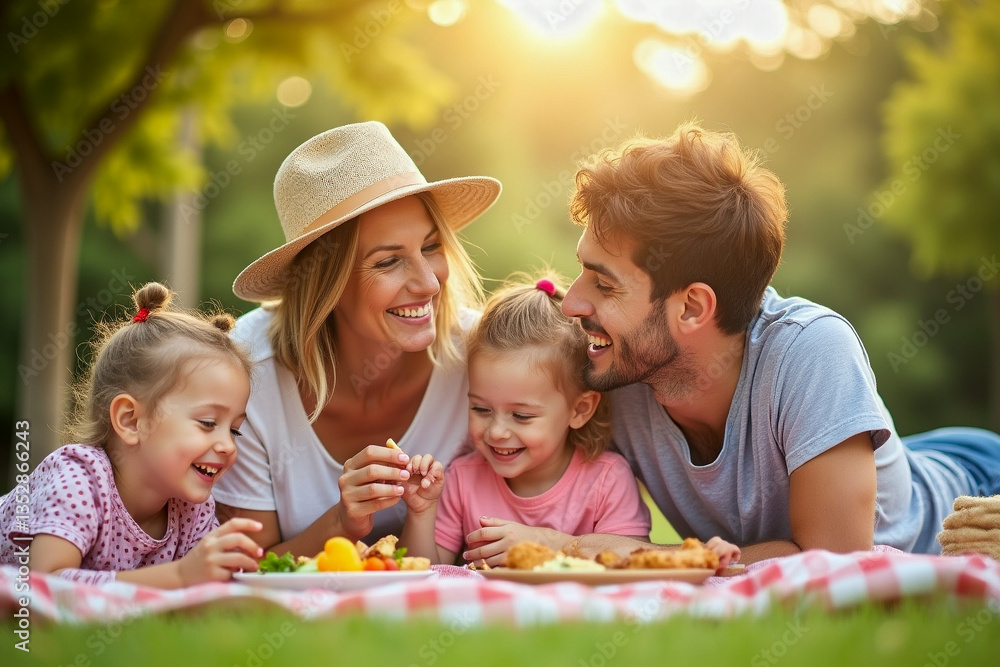 a happy family having a picnic in a park in summer a happy family having a picnic in a park in summer
