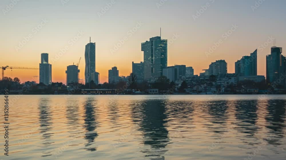 Day to night hyper lapse Skyline of Donau City (Donaustadt), Vienna business district. Reflection in calm lake. Day to night hyper lapse Skyline of Donau City (Donaustadt), Vienna business district. Reflection in calm lake.
