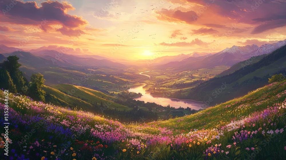 Obraz premium A breathtaking panoramic view of a vibrant valley at sunset, with rolling hills covered in colorful wildflowers. A winding river reflects the warm hues of the setting sun, surrounded by majestic mount