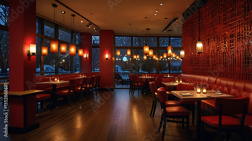 Cozy restaurant interior with red walls, ambient lighting