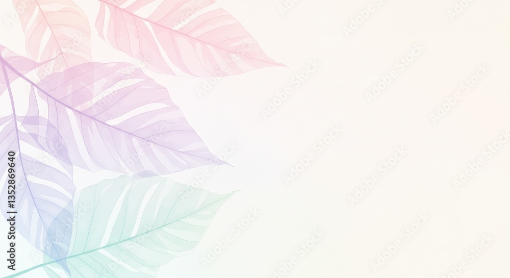 Obraz premium Pastel Translucent Tropical Leaves Illustration - Delicate pastel leaves, symbolizing serenity, growth, nature, purity, and tranquility. Perfect for spring or summer designs