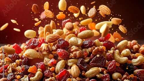 Colorful assortment of nuts and dried fruits on a dark surface, with a blurred red background enhancing the vibrant colors