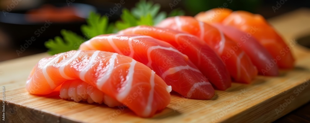 Selection of raw fish fillets arranged on wooden chopping board, preparation for sushi, cuisine, fresh Selection of raw fish fillets arranged on wooden chopping board, preparation for sushi, cuisine, fresh