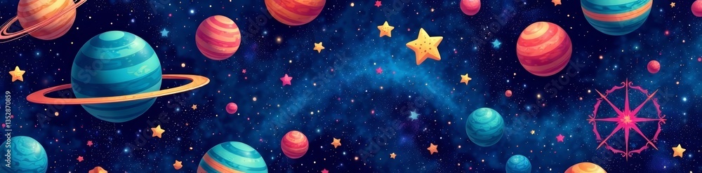 Fototapeta premium Seamless pattern featuring various space elements like stars, planets, and comets, galaxy, cosmic, decor