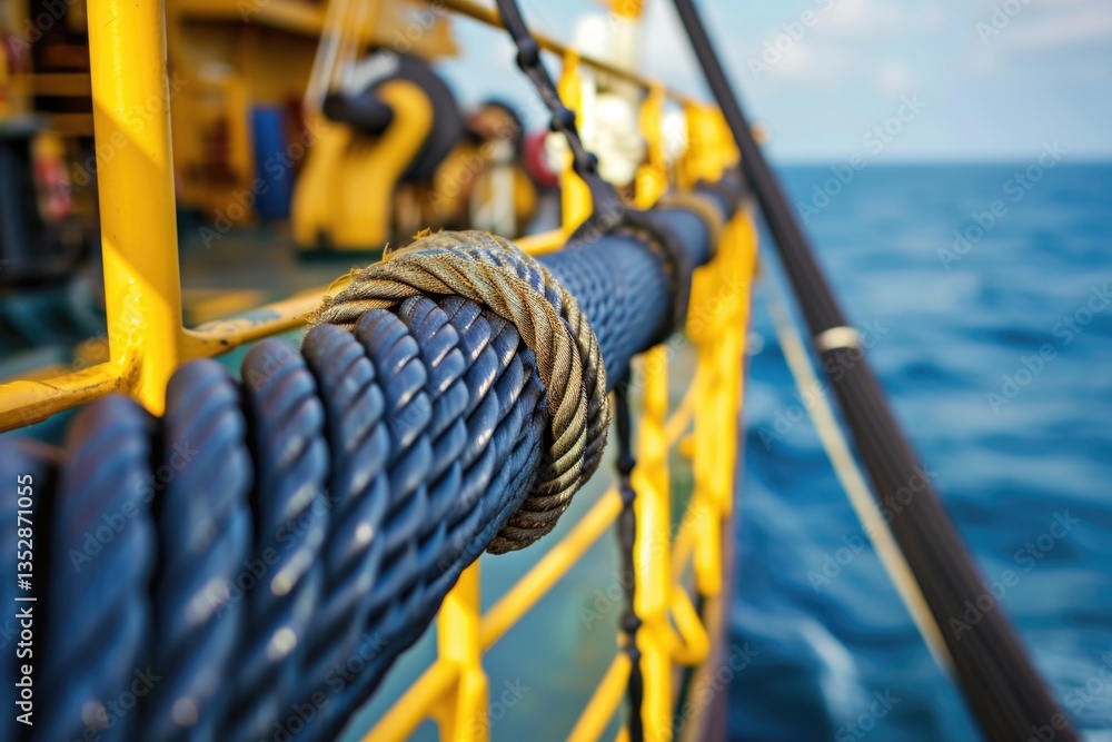 Thick, dark blue wire rope knotted on a yellow railing of a ship at sea. Thick, dark blue wire rope knotted on a yellow railing of a ship at sea.