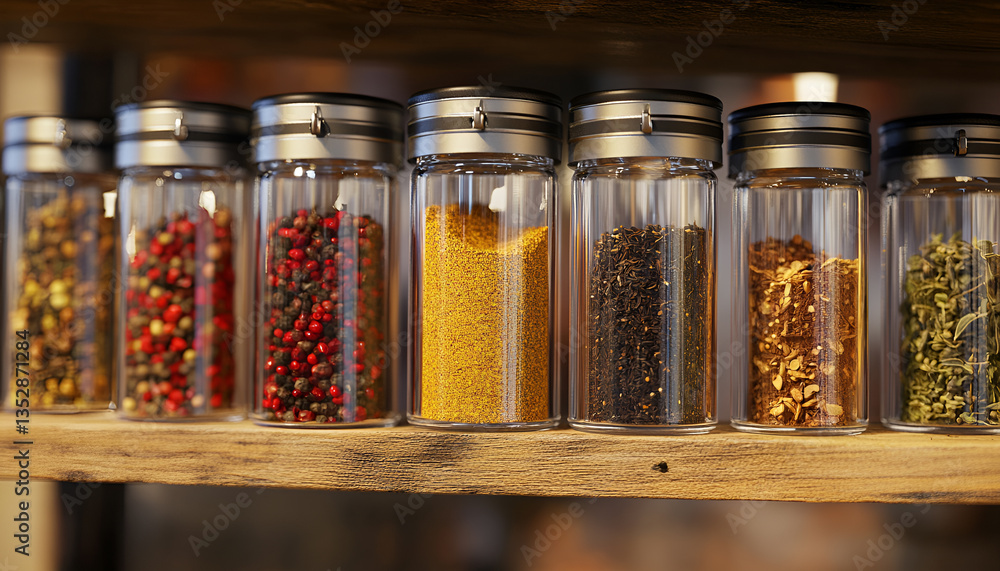 Wooden shelves with a rustic appearance contain spices, herbs, and an array of jars Wooden shelves with a rustic appearance contain spices, herbs, and an array of jars