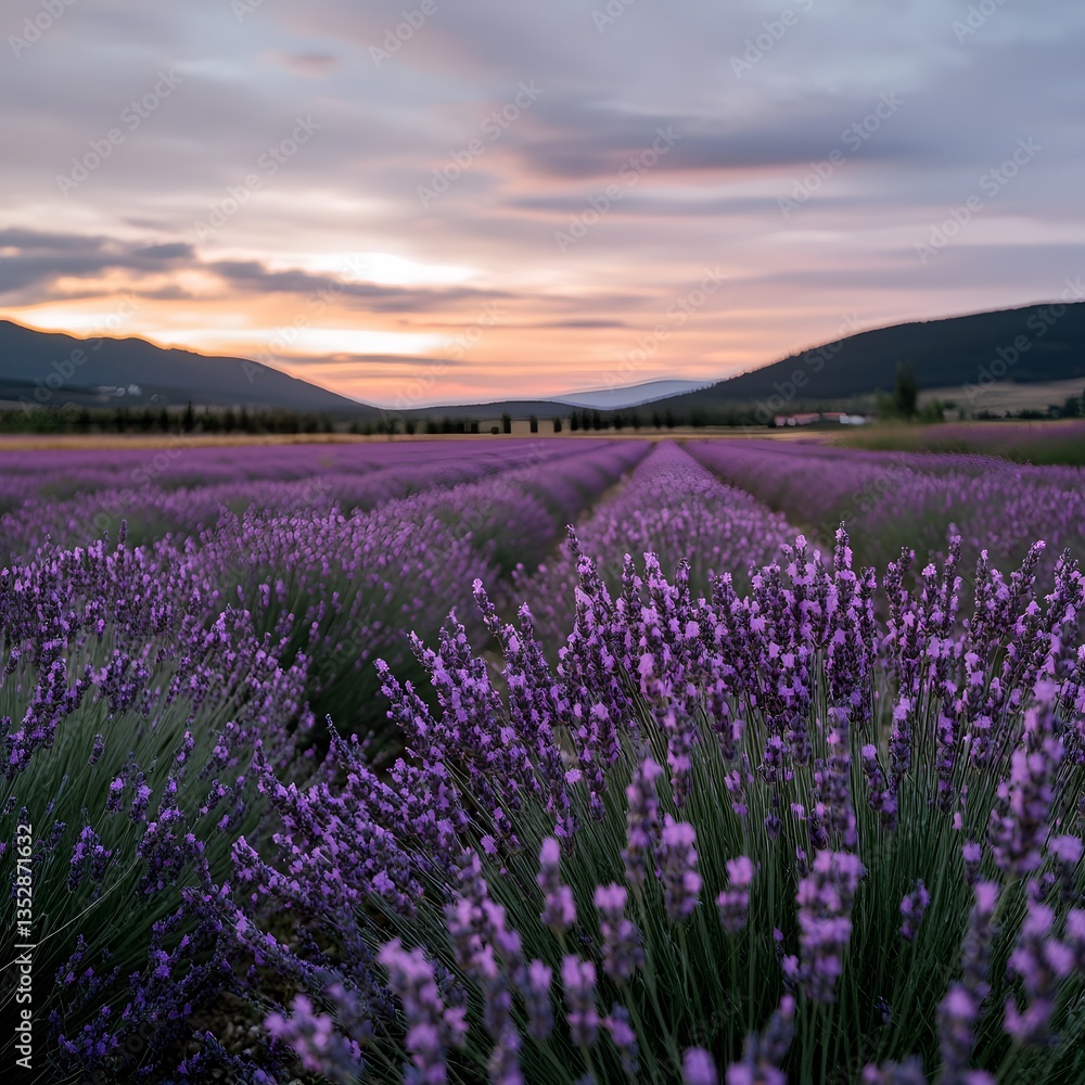 Fototapeta premium Sunrise Lavender Field, Rows, Mountains, Peaceful, Farm, Nature, Aromatherapy
