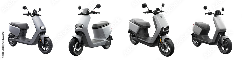 Obraz premium Modern electric scooters featuring headlights, mirrors, handlebars, seats and tires showing contemporary design variations.