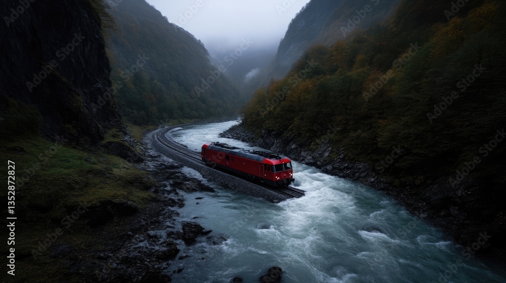 Fototapeta premium Red train traveling on a winding railway track next to a rushing river in a deep mountain canyon on a cloudy day.