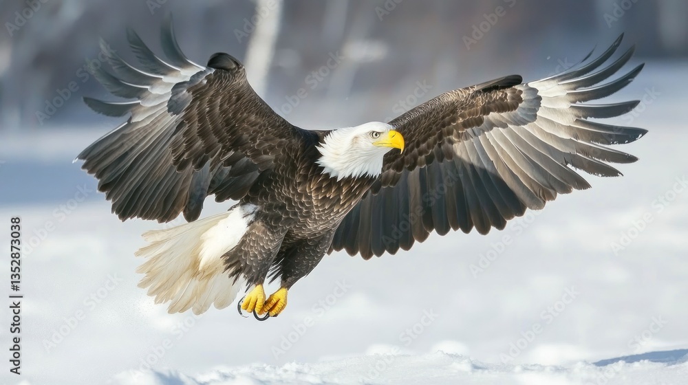 Obraz premium Bald Eagle in Flight, Landing in Snowy Forest