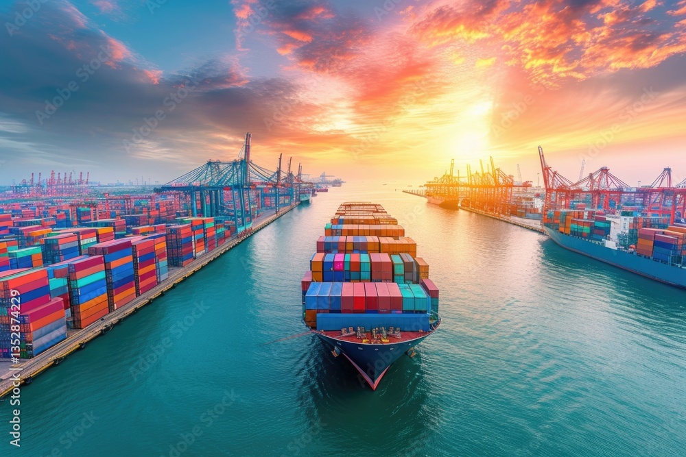 Container ship navigating a busy harbor at sunset, showcasing global trade and logistics.