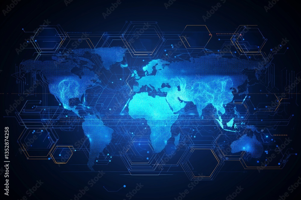 Futuristic digital world map with glowing hexagonal network overlay, symbolizing global connectivity, AI infrastructure and international cyber data systems, Generative AI Futuristic digital world map with glowing hexagonal network overlay, symbolizing global connectivity, AI infrastructure and international cyber data systems, Generative AI