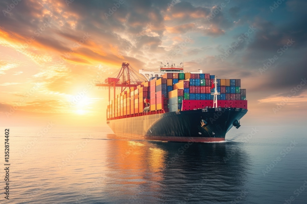 A large container ship sails on the ocean during a vibrant sunset, carrying goods across international waters.