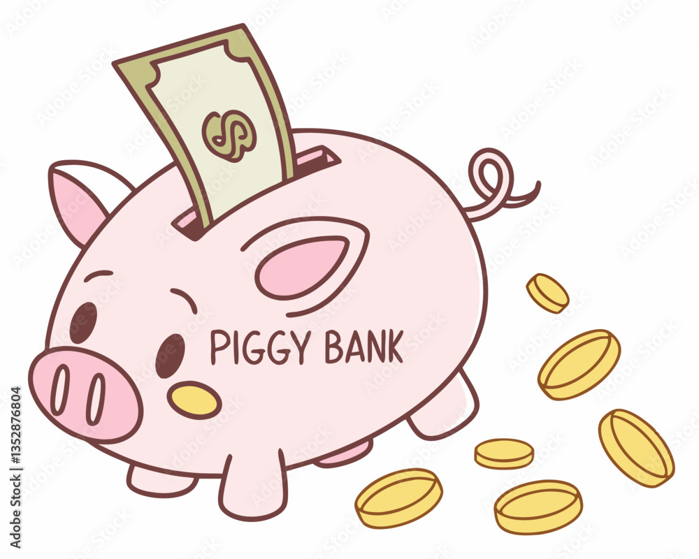 Fototapeta premium A cute pink piggy bank with a coin slot on top, filled with gold coins. A dollar bill is sticking out from the top.