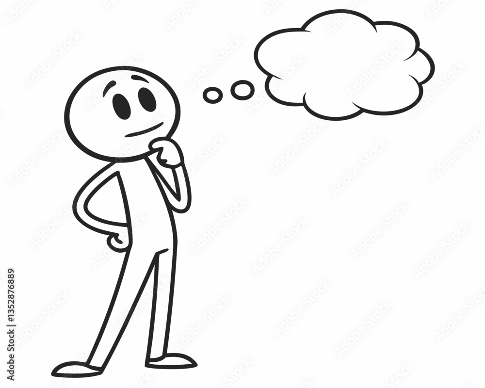 A very simple stick figure with one hand on its chin and a small thought bubble above its head. A very simple stick figure with one hand on its chin and a small thought bubble above its head.
