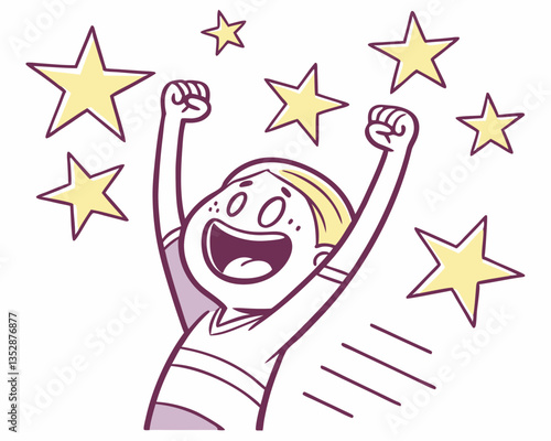 A simple and cheerful vector illustration of a humanoid figure raising both arms in excitement and joy