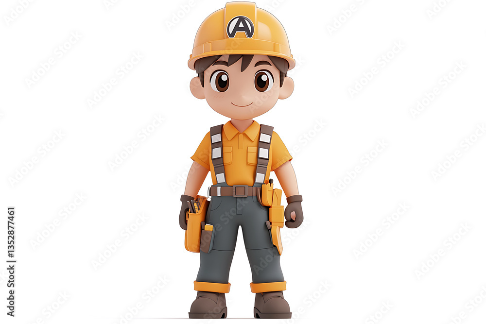 Cartoon construction worker with a hard hat tool belt and work gloves against a plain white background. Cartoon construction worker with a hard hat tool belt and work gloves against a plain white background.