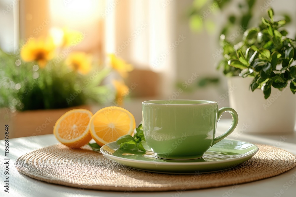 Morning Tranquility: Green Cup and Fresh Lemon on Sunlit Table Surrounded by Lush Plants Morning Tranquility: Green Cup and Fresh Lemon on Sunlit Table Surrounded by Lush Plants