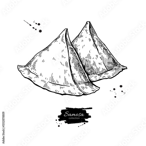 Punjabi Samosa vector food drawing. Indian street food sketch. Pakistani snacks