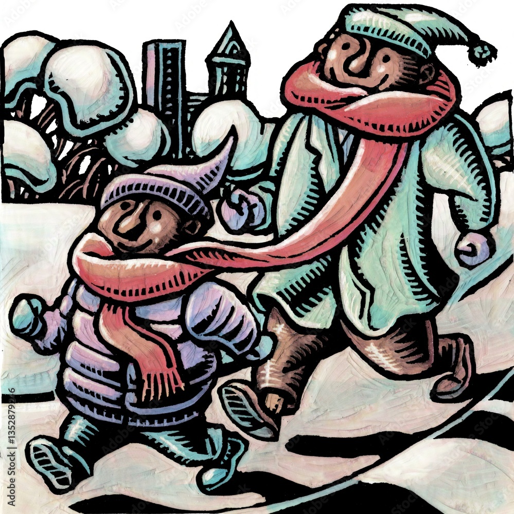Fototapeta premium A father and son share a single scarf in the middle of winter. 