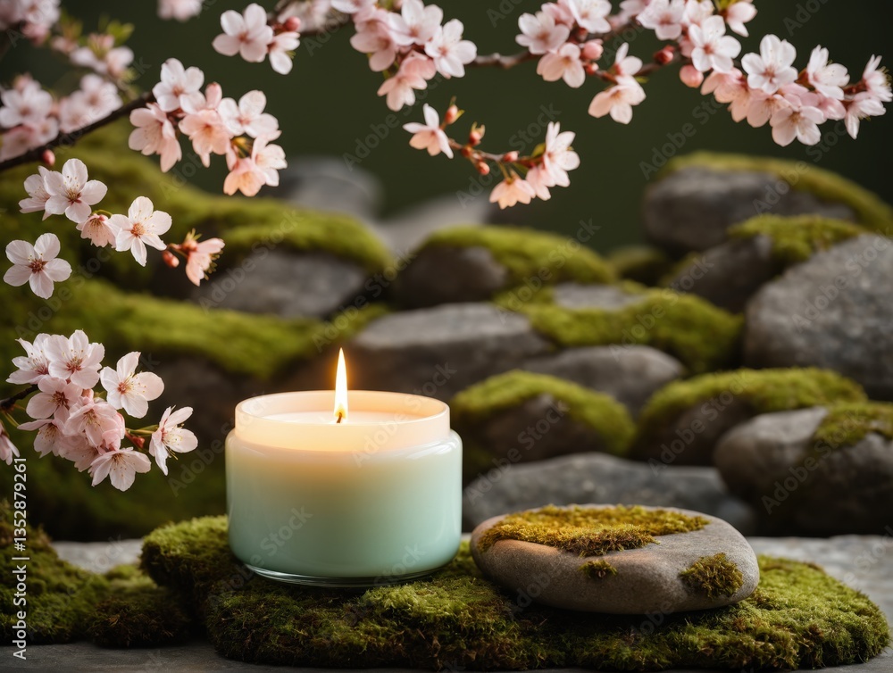9 oz candle in a pastel ceramic jar, placed on a moss-covered stone table, cherry blossoms in the background, airy composition. 9 oz candle in a pastel ceramic jar, placed on a moss-covered stone table, cherry blossoms in the background, airy composition.