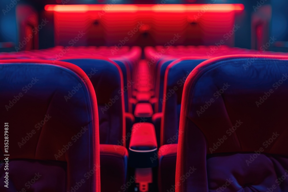 Fototapeta premium Empty movie theater seats bathed in red and blue neon light, creating a dramatic and atmospheric scene.