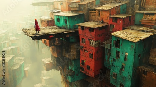 Woman with Futuristic Slum, Cityscape, and Concept Art.