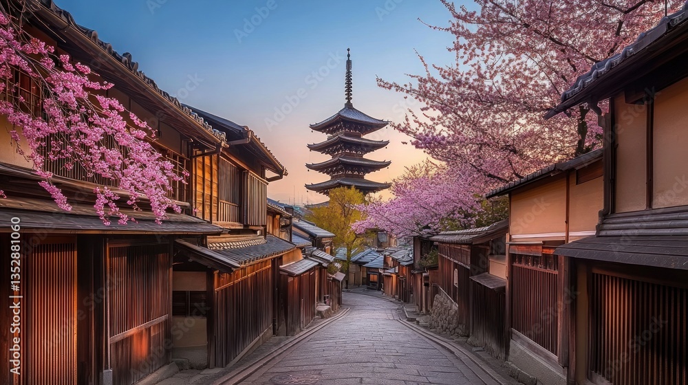 Fototapeta premium Serene Kyoto Street with Pagoda and Cherry Blossoms