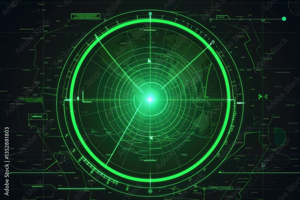 Futuristic green radar screen displaying geographic data with advanced technological interface. Futuristic green radar screen displaying geographic data with advanced technological interface.