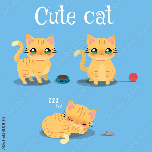 set de tres lindos gatitos naranja en diferentes poses y con elementos