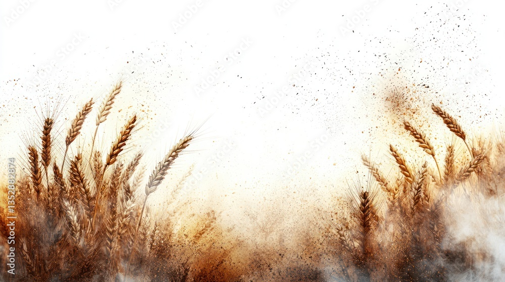 Obraz premium Golden wheat stalks against white background, dust and particles rising upwards
