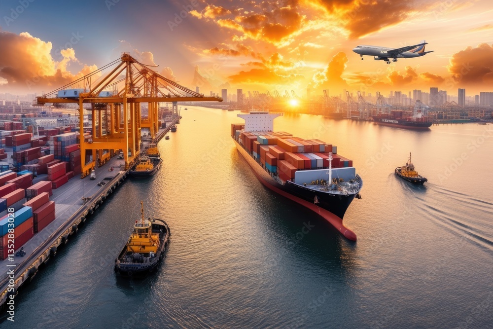 A container ship at sunset, tugboats, cargo cranes, and an airplane overhead show global trade and shipping.