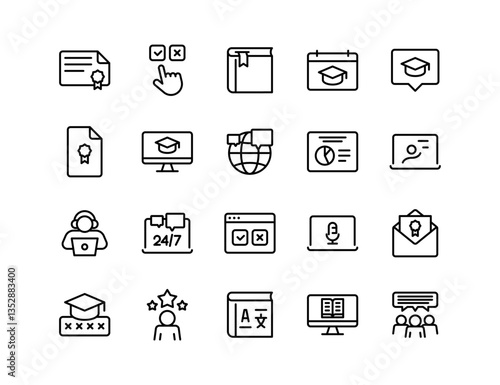Online Education Vector Icon Set | Adjustable Line Weight | eLearning, webinar, certification, online course, training, virtual classroom, study, graduation, language learning, remote education icons
